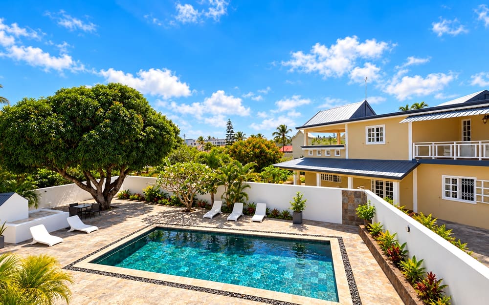 The pool and the mango tree at Résidence Le Beau Manguier, Pereybere